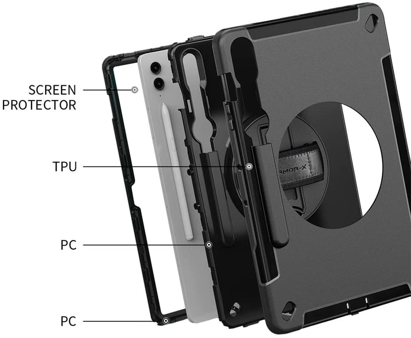 Armor-X Rainproof Military Grade Rugged Case With Hand Strap And Kick-stand Samsung Galaxy Tab S9 FE+ Musta