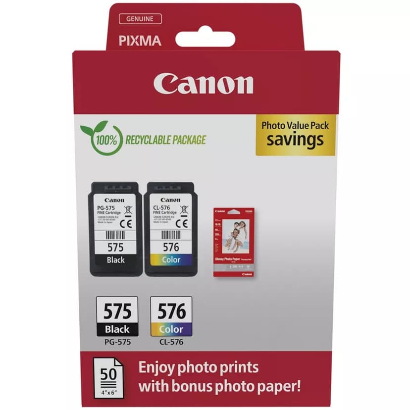 Canon Bläck Value Photo Pack PG-575/CL-576 + Papper GP-501 50st