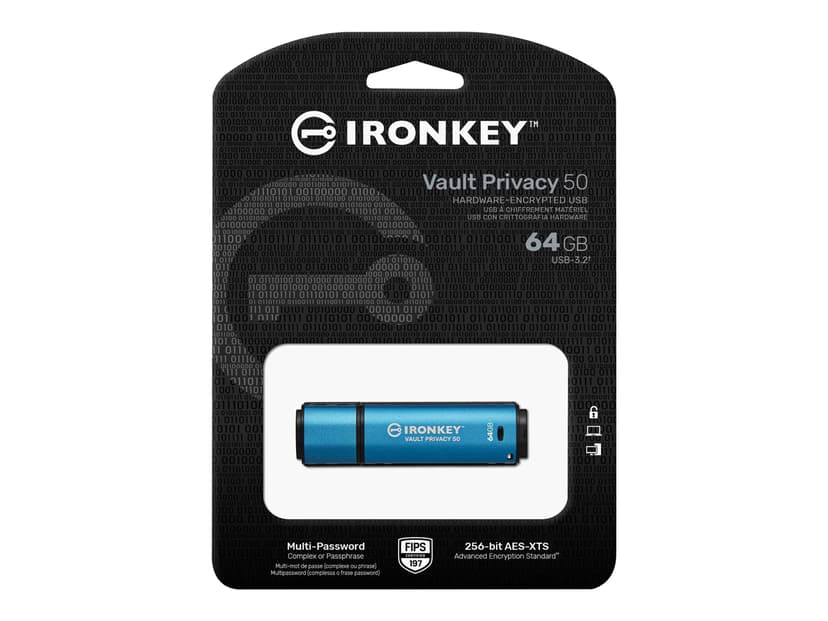 Kingston Ironkey Vault Privacy 50 64GB USB-A Musta, Sininen