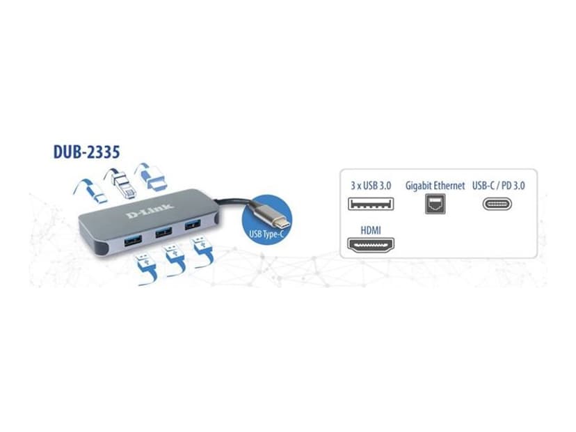 D-Link DUB-2335 dockningsstationer för bärbara datorer Kabel USB Type-C Grå USB-C