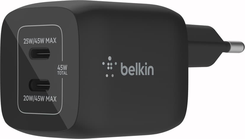 Belkin 45W USB-C Gan PD PPS Dual Wall Charger Musta