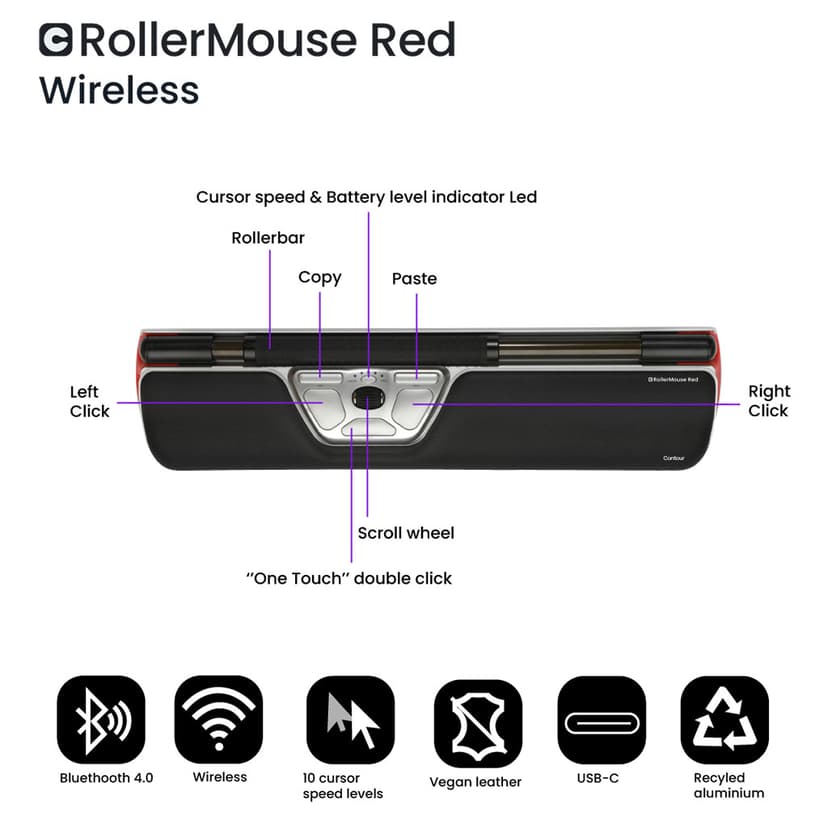 Contour Design RollerMouse Red Wireless Trådlös RF + Bluetooth Rullstav Svart