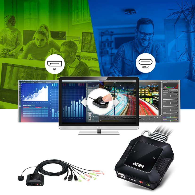 Aten 2-portars USB-C DisplayPort Hybrid Kabel KVM-switch