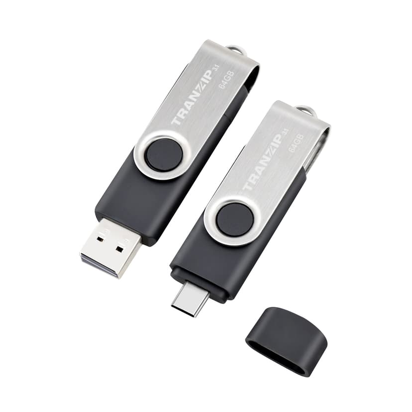 Tranzip Flip Duo 64GB USB Type-A / USB Type-C Sort, Flerfarget, Rustfritt stål