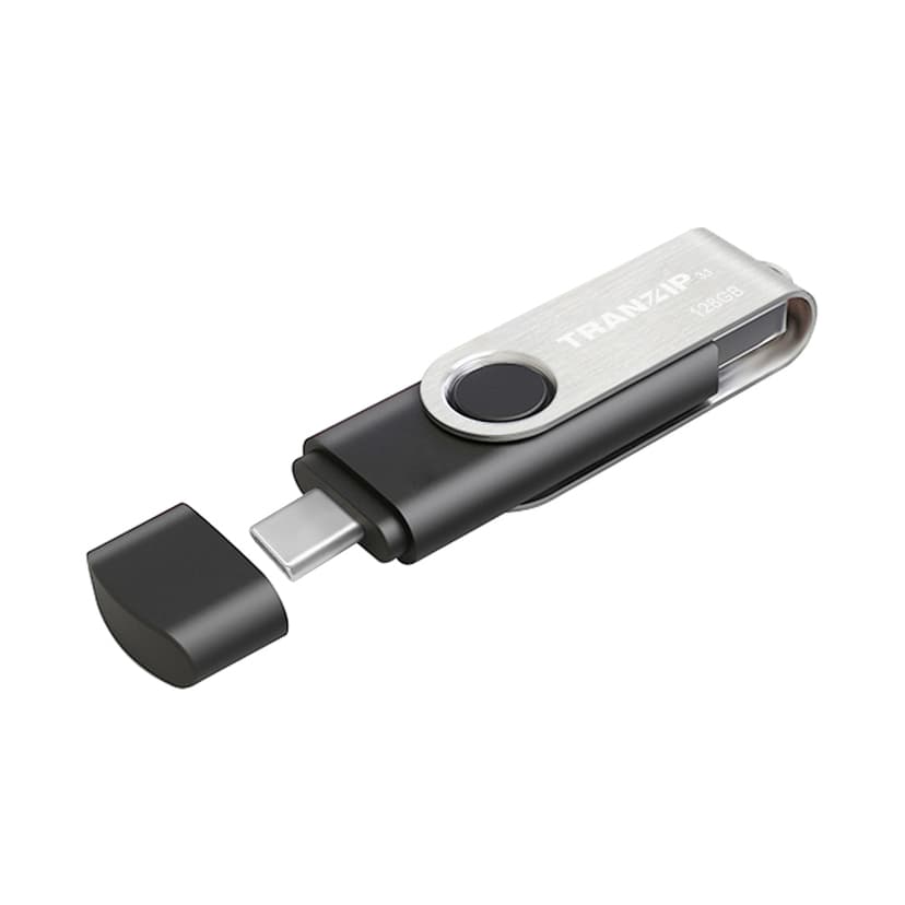 Tranzip Flip Duo 128GB USB Type-A / USB Type-C Sort, Flerfarget, Rustfritt stål