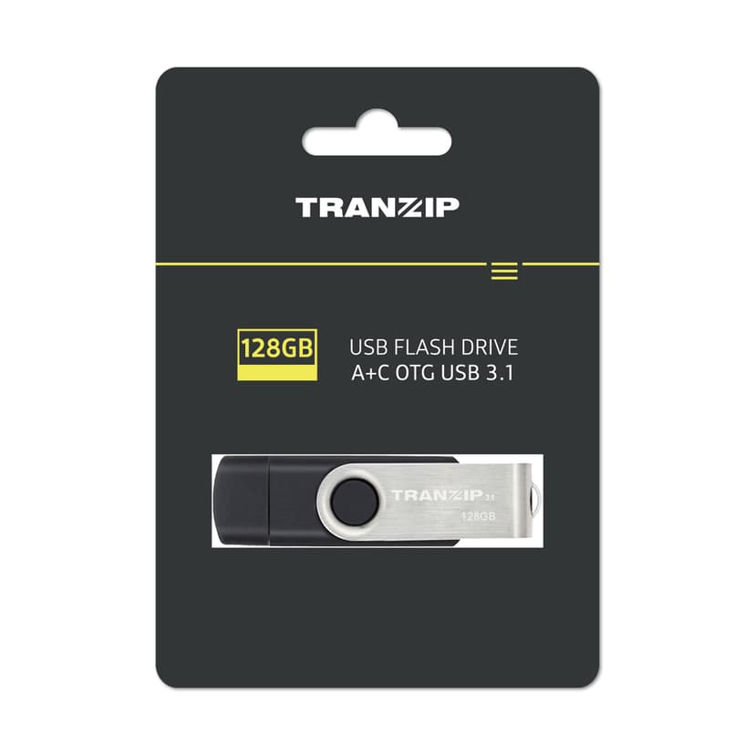 Tranzip Flip Duo 128GB USB Type-A / USB Type-C Sort, Flerfarget, Rustfritt stål