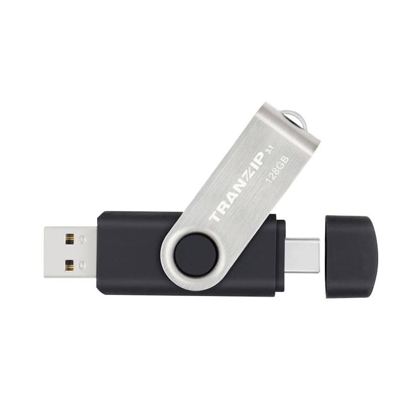 Tranzip Flip Duo 128GB USB-A / USB-C Zwart, Meerkleurig, Roestvrijstaal