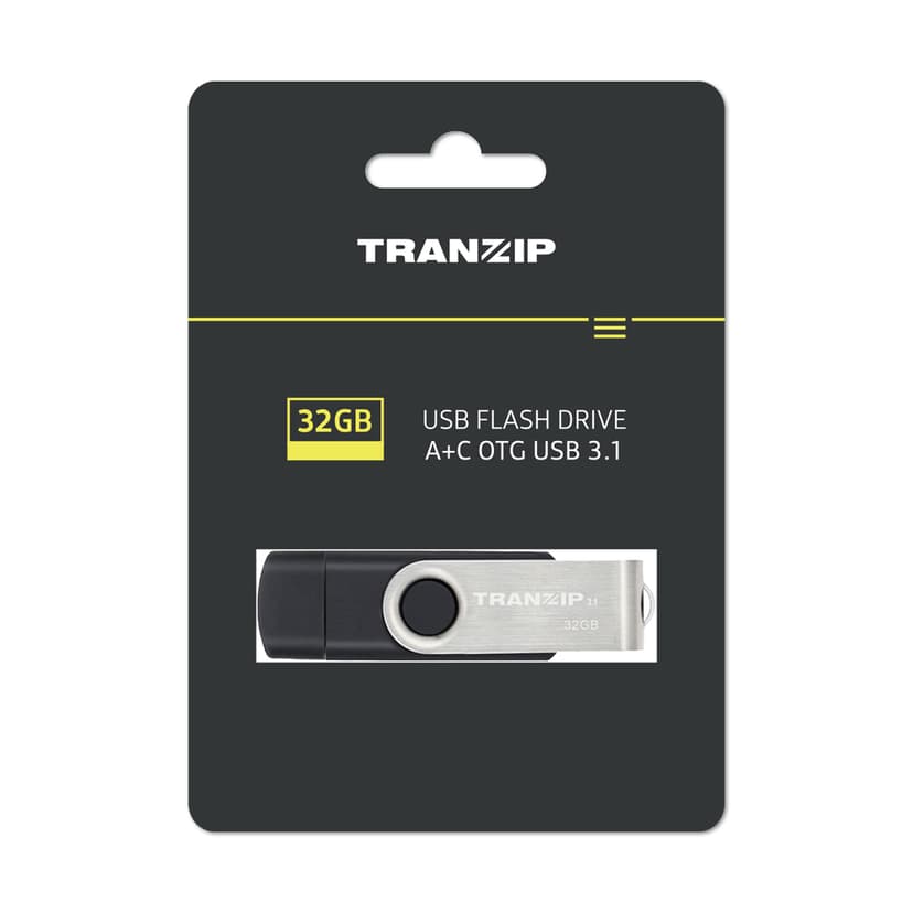 Tranzip Flip Duo 32GB USB Type-A / USB Type-C Sort, Flerfarget, Rustfritt stål