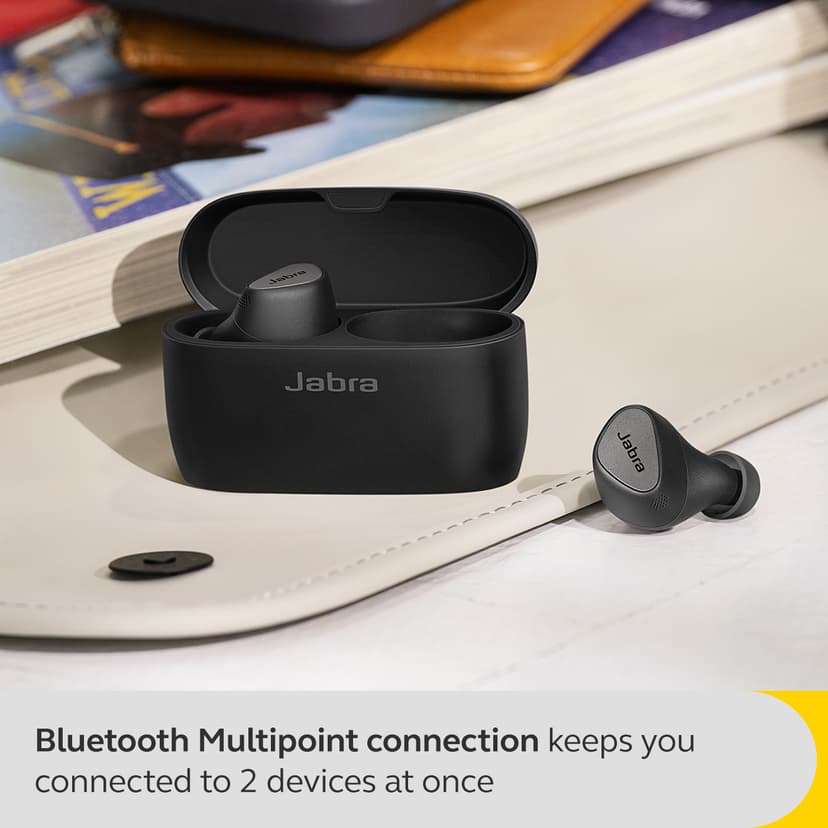 Jabra Elite 5 Sort MFi, Qi, FCC, ISED, CE, Proposition 65, Google Assistant, Amazon Alexa, Fast Pair, Spotify Tap