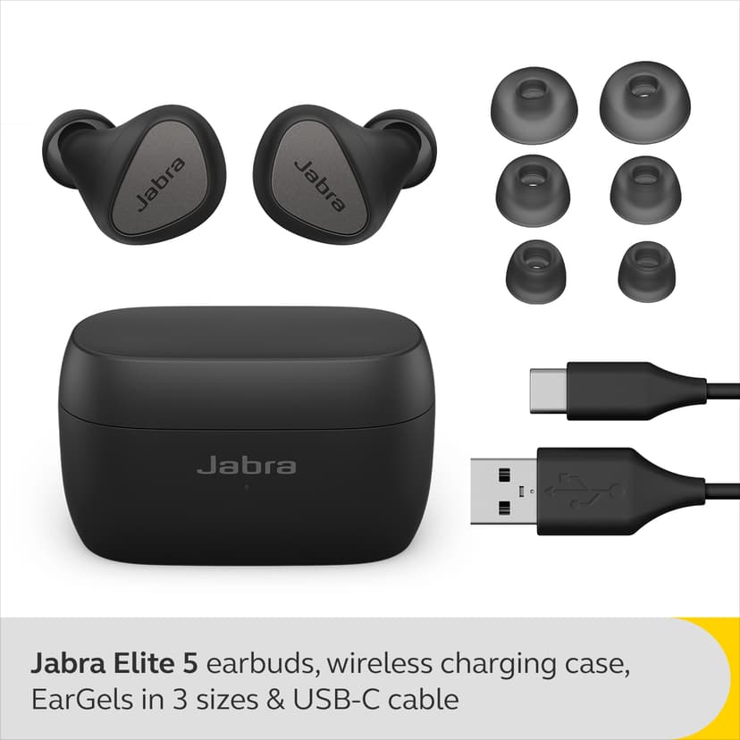 Jabra Elite 5 Sort MFi, Qi, FCC, ISED, CE, Proposition 65, Google Assistant, Amazon Alexa, Fast Pair, Spotify Tap