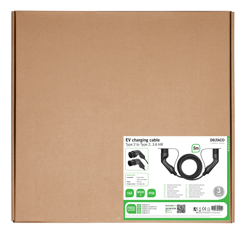 Deltaco E-charge, Cable Type 2 - Type 2, 1 Phase, 16a, 5m