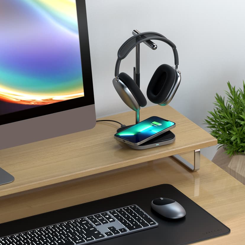 Satechi 2-i-1 hovedtelefonholder med trådløs oplader Sølv, Sort Headset-stativ