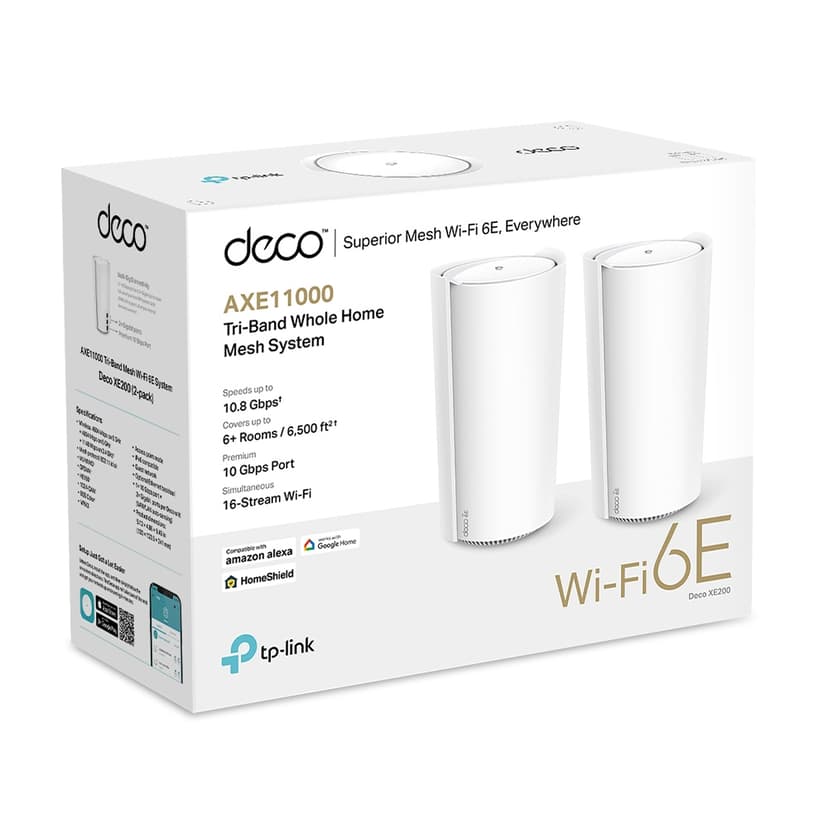TP-Link Deco XE200(2-pack) Tre-båndsfrekvens (2,4 GHz / 5 GHz / 6 GHz) Wi-Fi 6E (802.11ax) Hvit 1 Innvendig lys