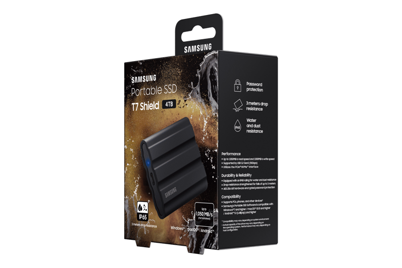 Samsung T7 Shield 4TB Rugged Portable SSD USB-C Sort