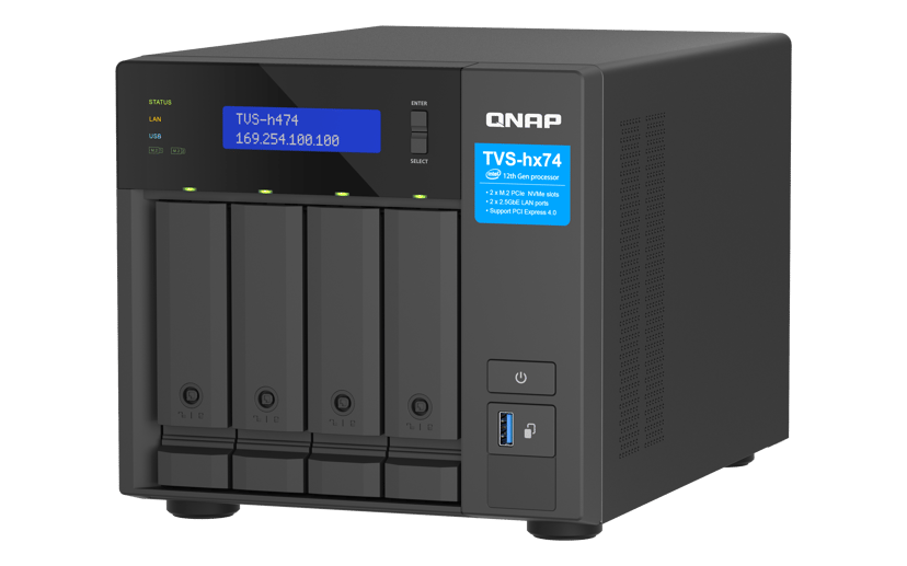 QNAP TVS-H474 NAS Tower Intel® Pentium® G7400 8 GB DDR4 0 TB QuTS hero Svart