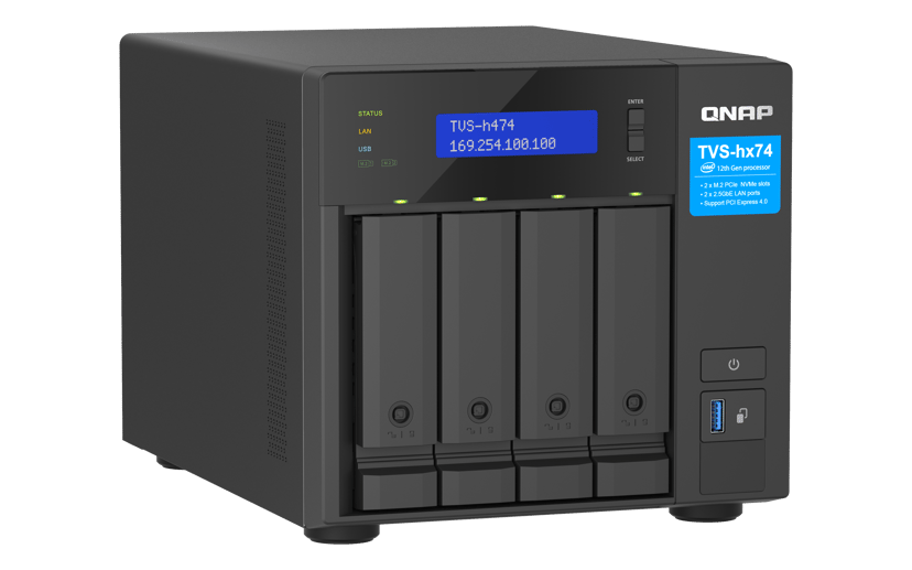 QNAP TVS-H474 NAS Tower Intel® Pentium® G7400 8 GB DDR4 0 TB QuTS hero Svart