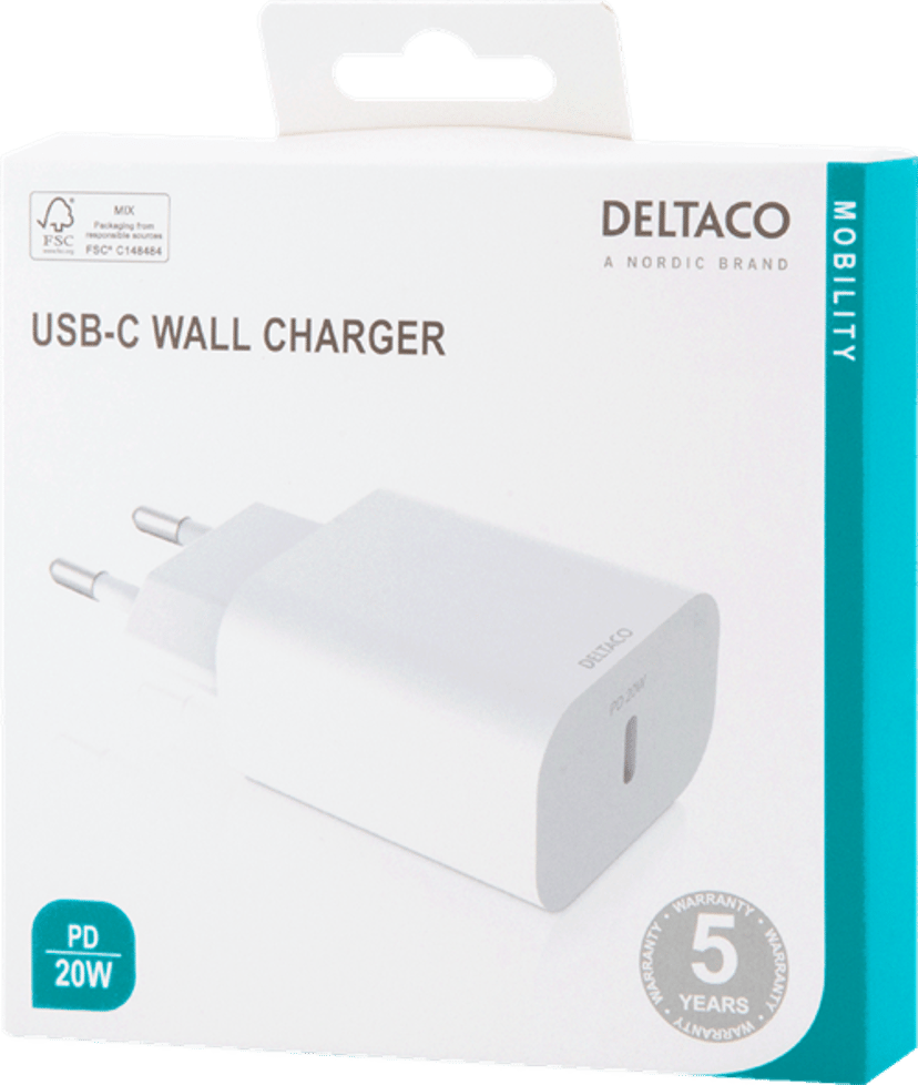 Deltaco USBC-AC144 mobiililaitteen laturi Älypuhelin Valkoinen AC Sisätila, Ulkona Valkoinen