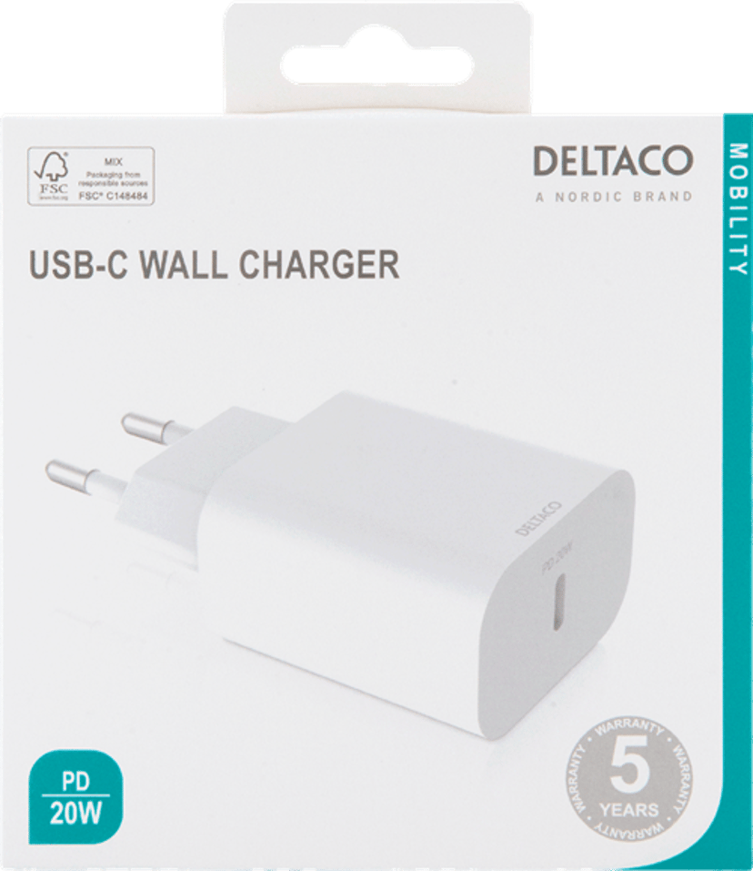 Deltaco USBC-AC144 mobiililaitteen laturi Älypuhelin Valkoinen AC Sisätila, Ulkona Valkoinen