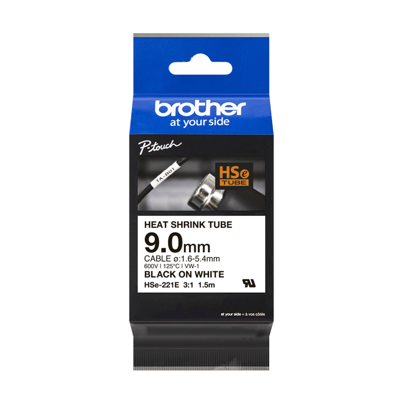 Brother Tape Krympslang 9mm HSe-221E Svart/Vit