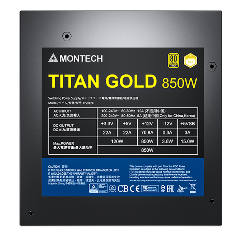 Montech TITAN GOLD 850W virtalähdeyksikkö 20+4 pin ATX ATX Musta 850W ATX 80+ Gold Virtalähde