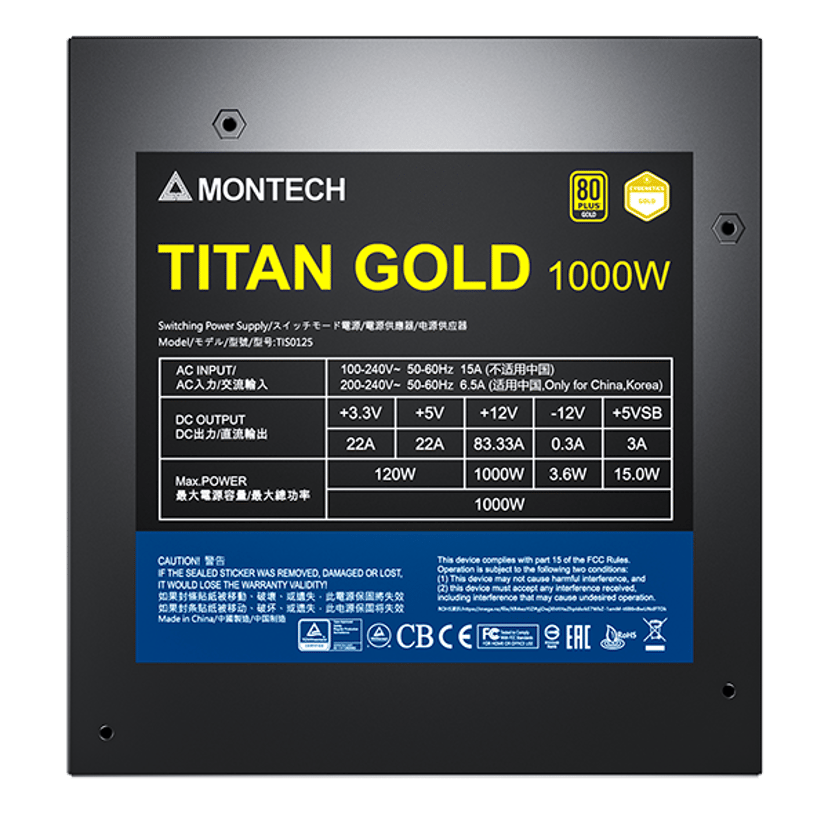 Montech TITAN GOLD 1000W strømforsyningsenhet 20+4 pin ATX ATX Sort 1000W ATX 80+ Gold Strømforsyning