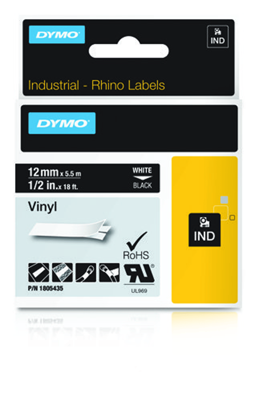 Dymo Tape RhinoPRO Permanent Vinyl 12mm Vit/Svart