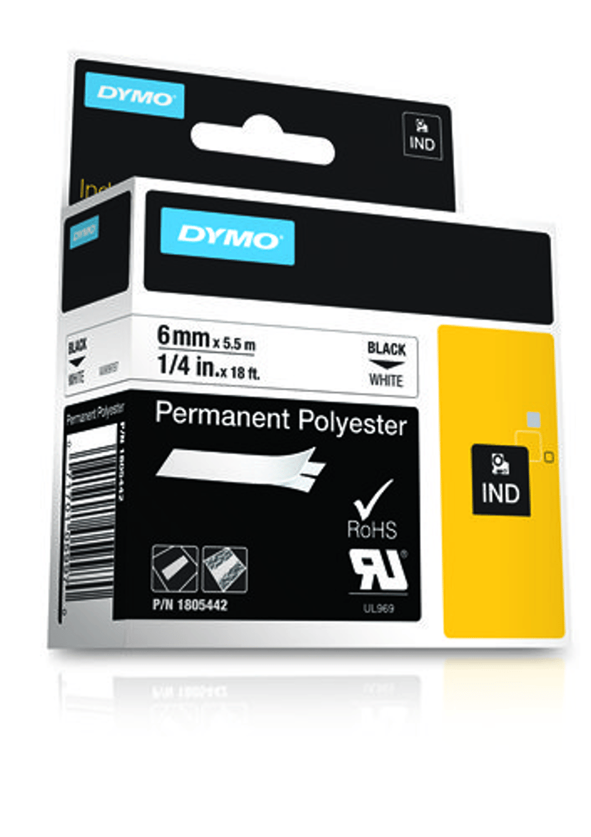 Dymo Tape RhinoPRO Permanent Polyester 6mm Svart/Hvit