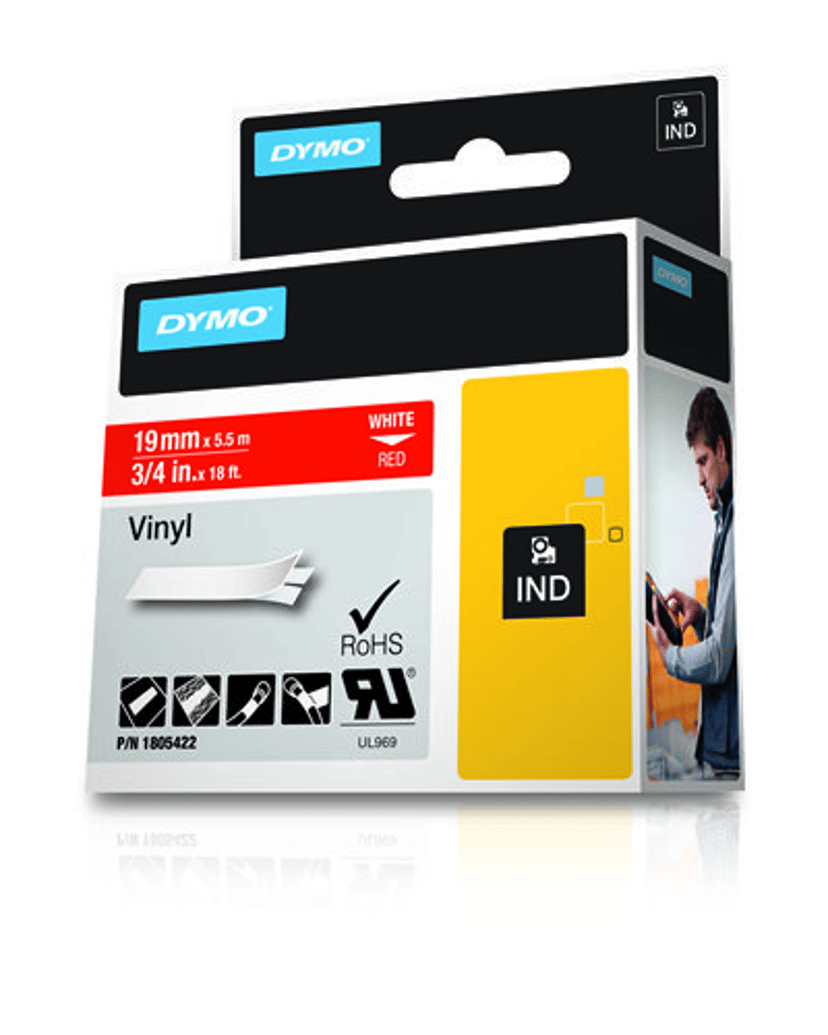 Dymo Tape RhinoPRO Permanent Vinyl 19mm Vit/Röd