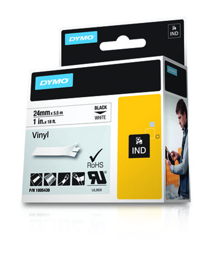 Dymo Tape RhinoPRO Pysyvä Vinyyli 24mm Musta/Valkoinen