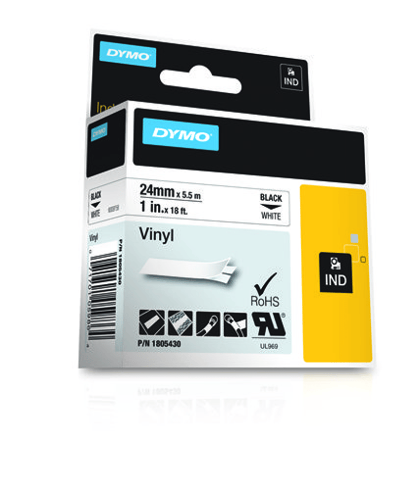 Dymo Tape RhinoPRO Permanent Vinyl 24mm Svart/Hvit