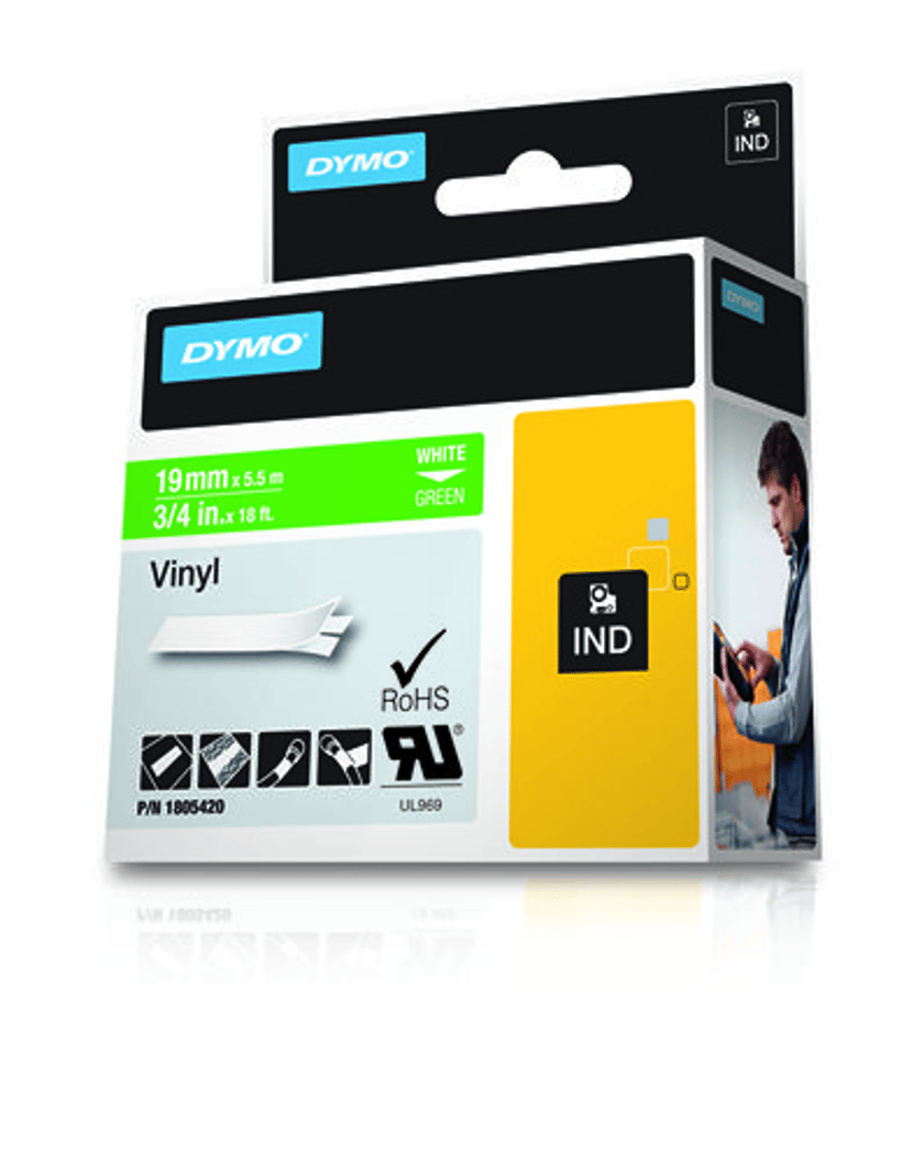 Dymo Tape RhinoPRO Permanent Vinyl 19mm Wit/Groente