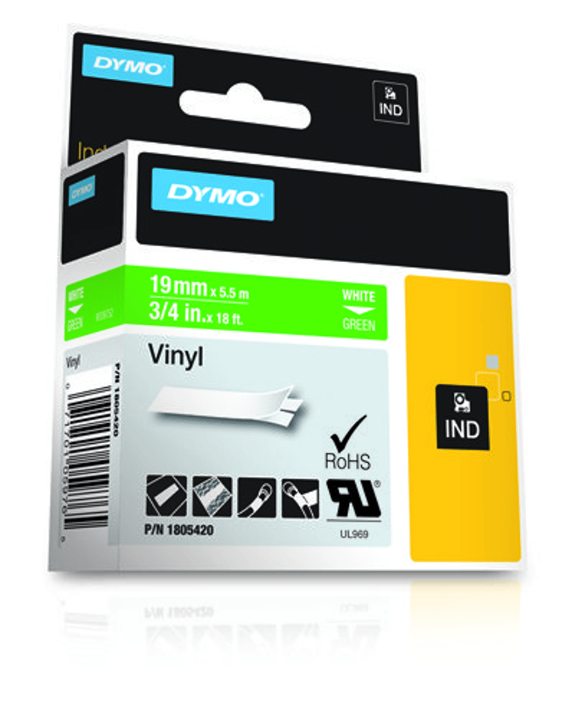 Dymo Tape RhinoPRO Pysyvä Vinyyli 19mm Valkoinen/Vihreä