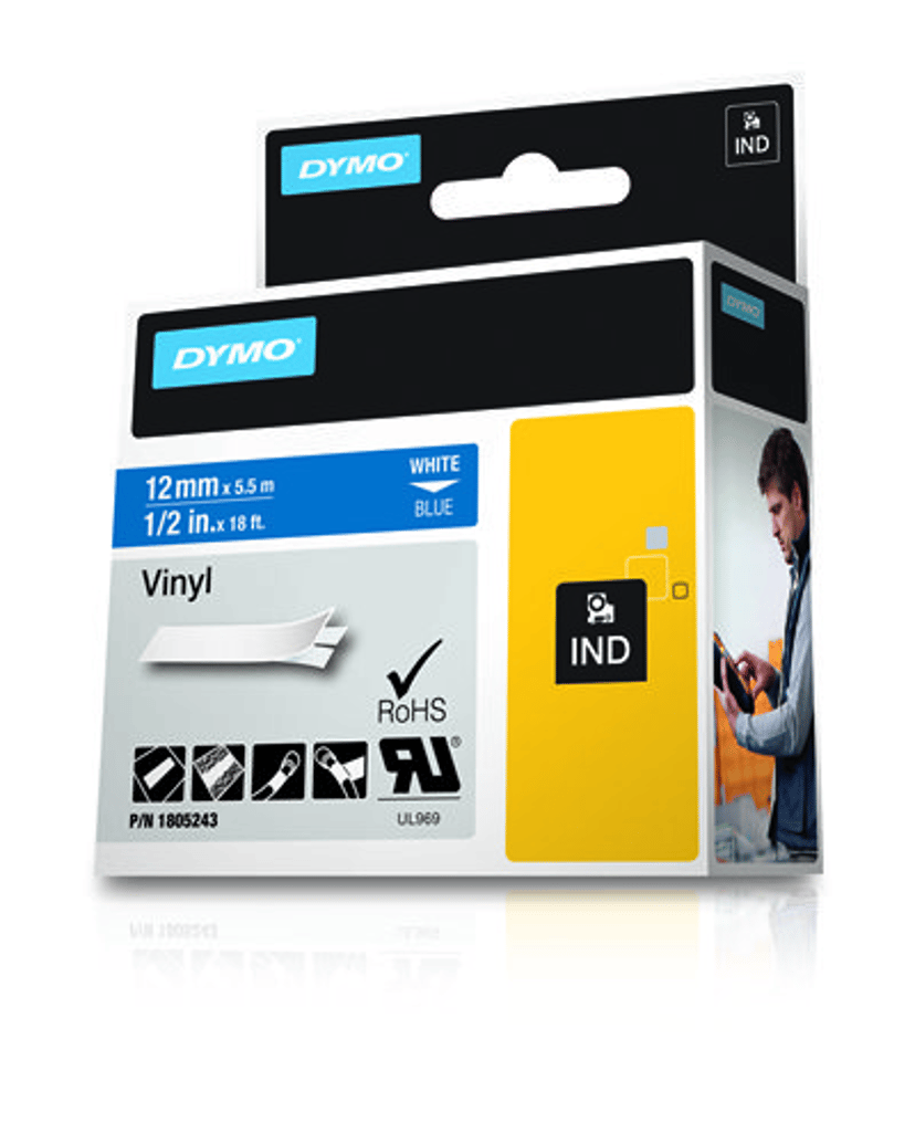 Dymo Tape RhinoPRO Permanent Vinyl 12mm Hvit/Blå