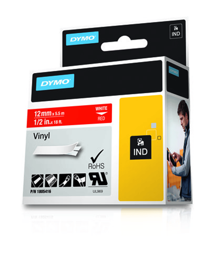 Dymo Tape RhinoPRO Pysyvä Vinyyli 12mm Valkoinen/Punainen