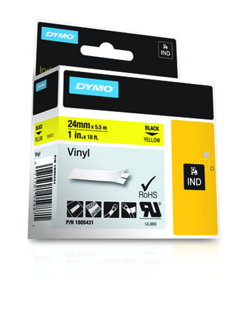 Dymo Tape RhinoPRO Permanent Vinyl 24mm Svart/Gul