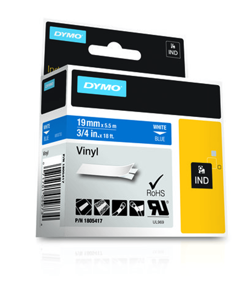 Dymo Tape RhinoPRO Permanent Vinyl 19mm Hvit/Blå
