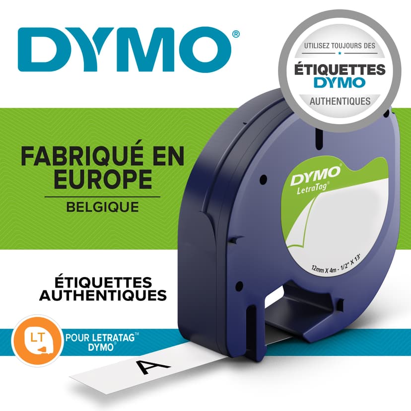 Dymo Tape LetraTag 12mm Stryk-På Svart/Hvit