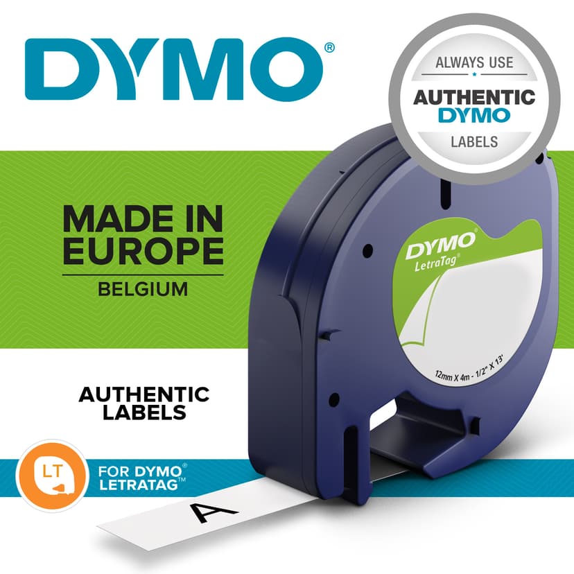 Dymo Tape LetraTag 12mm Stryk-På Svart/Vit