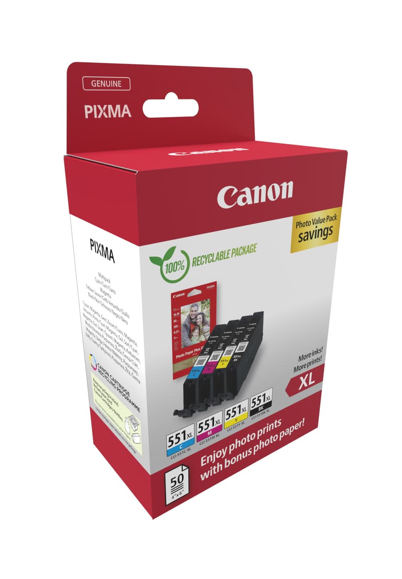 Canon Ink Photo Value Pack CLI-551XL (B/C/M/Y) + 10x15cm Photo 50-Sheet