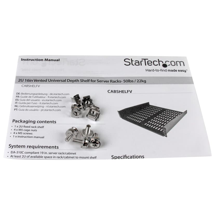 Startech 2U 16in Universal Fixed Vented Rack Mount Cantilever Shelf