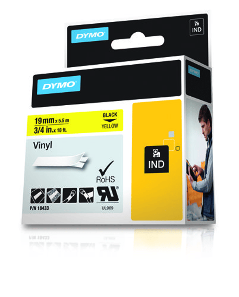 Dymo Tape RhinoPRO Pysyvä Vinyyli 19mm Musta/Keltainen