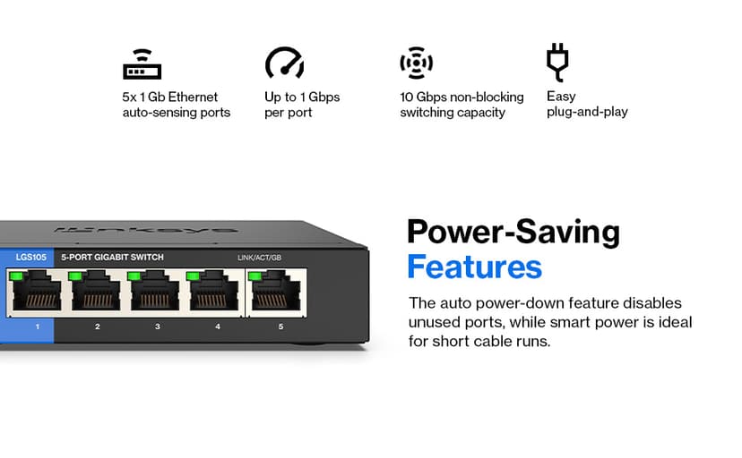Linksys LGS105 5-Portars företagsanpassad gigabitswitch i skrivbordsformat