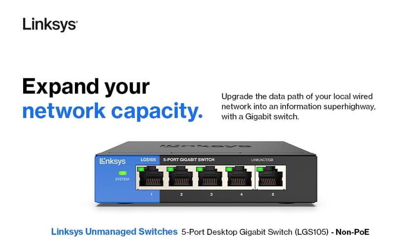Linksys LGS105 5-Portars företagsanpassad gigabitswitch i skrivbordsformat