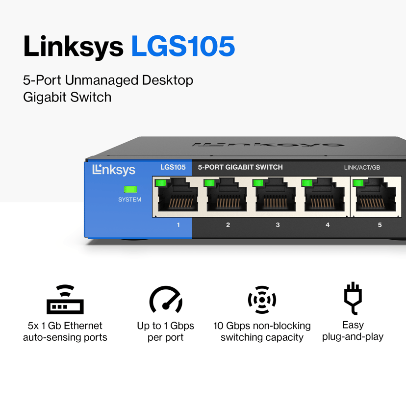 Linksys LGS105 5-Portars företagsanpassad gigabitswitch i skrivbordsformat