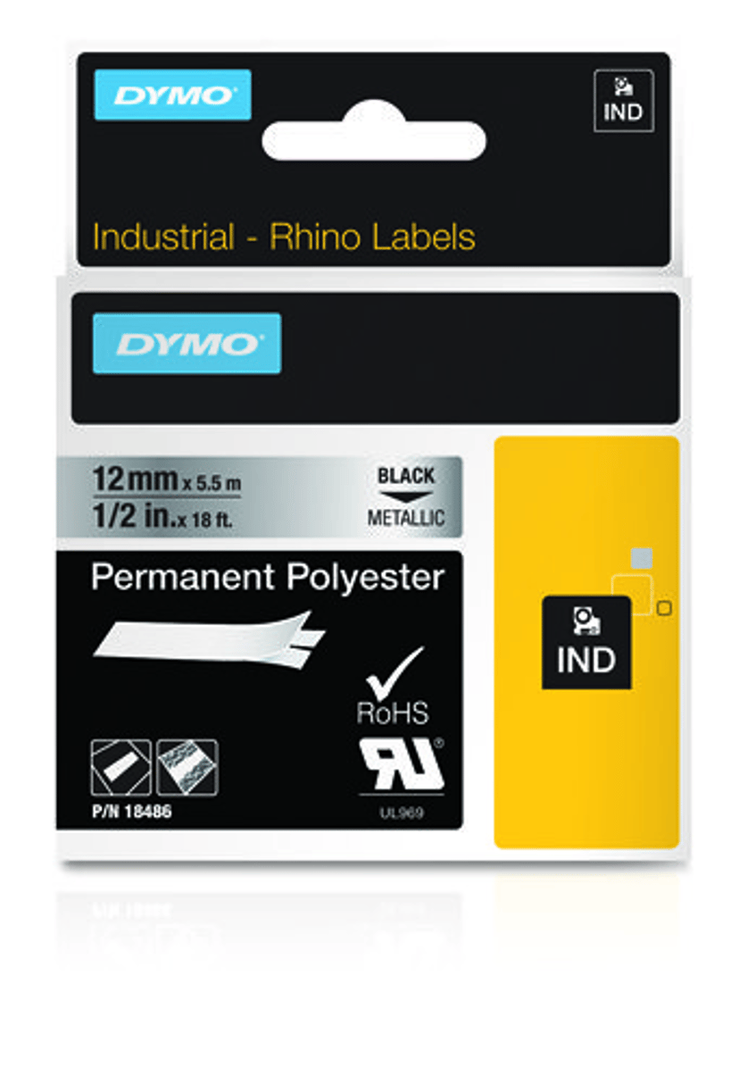 Dymo Tape RhinoPRO Permanent Polyester 12mm Svart/Metallic