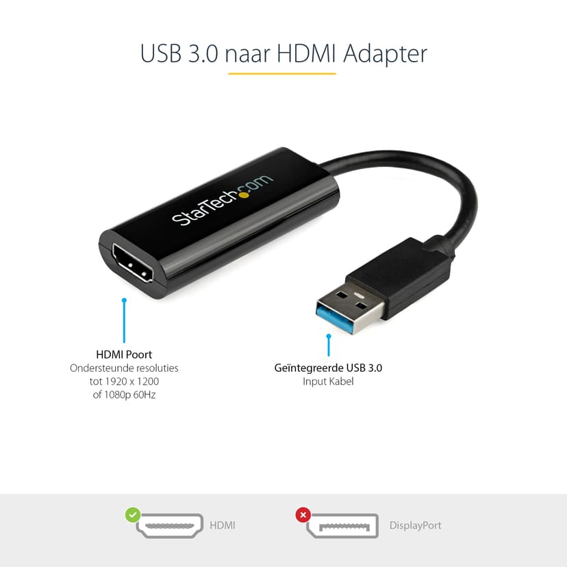 Startech StarTech.com USB 3.0 naar HDMI Adapter - 1080p (1920x1200) - Compacte USB Type-A naar HDMI Display Adapter Converter voor Extra Monitor - Externe Video & Grafische Kaart - Zwart - Enkel Windows