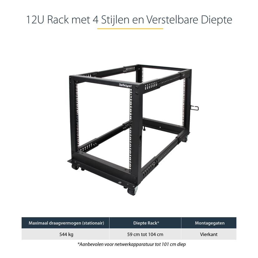 Startech 12U Adjustable Depth Open Frame 4 Post Server Rack