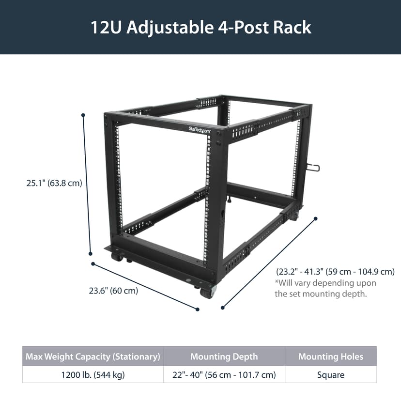 Startech 12U Adjustable Depth Open Frame 4 Post Server Rack