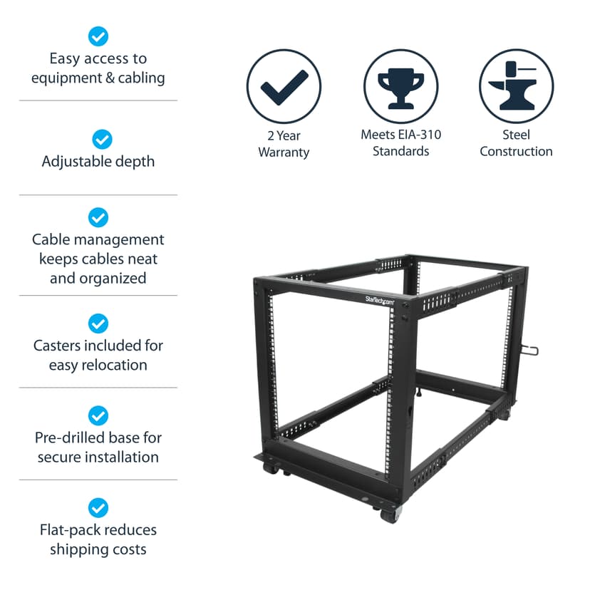 Startech 12U Adjustable Depth Open Frame 4 Post Server Rack