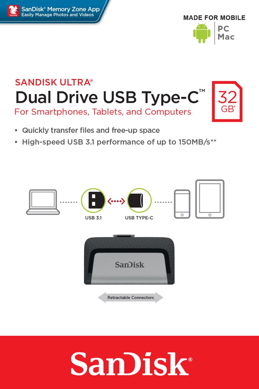 SanDisk Ultra Dual 32GB USB-A / USB-C Musta, Hopea